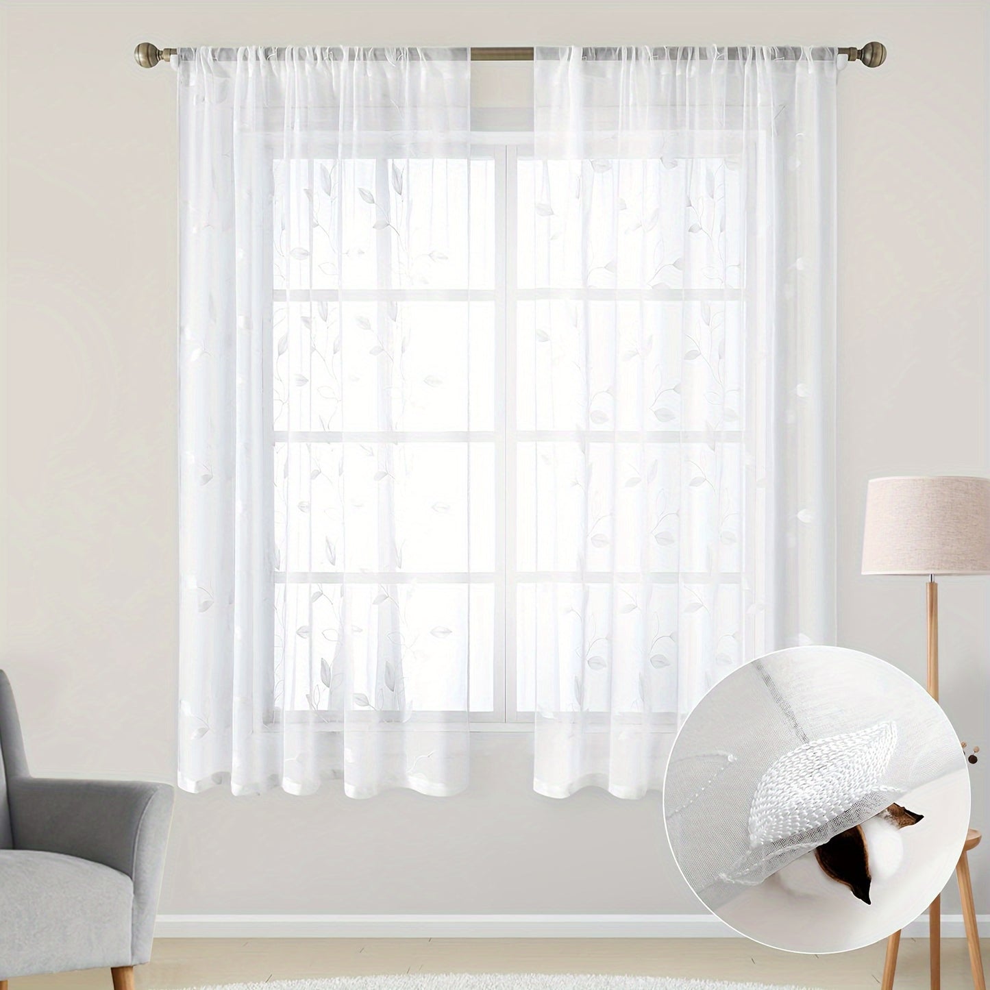 2pcs Sheer Curtains With Embroidery Leaf Pattern, Rod Pocket Faux Linen Floral Semi Curtains Voile Window Curtains Kitchen Curtains, Drapes for Bedroom Living Room