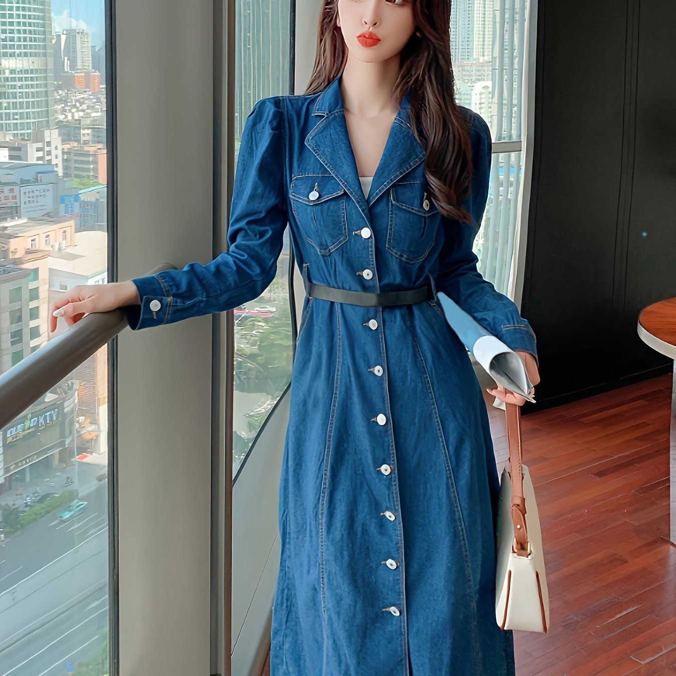 Turndown Collar Button Up Denim Dress, Long Sleeve Elegant Fitted Denim Dress With Flap Pocket, Women's Denim Clothing