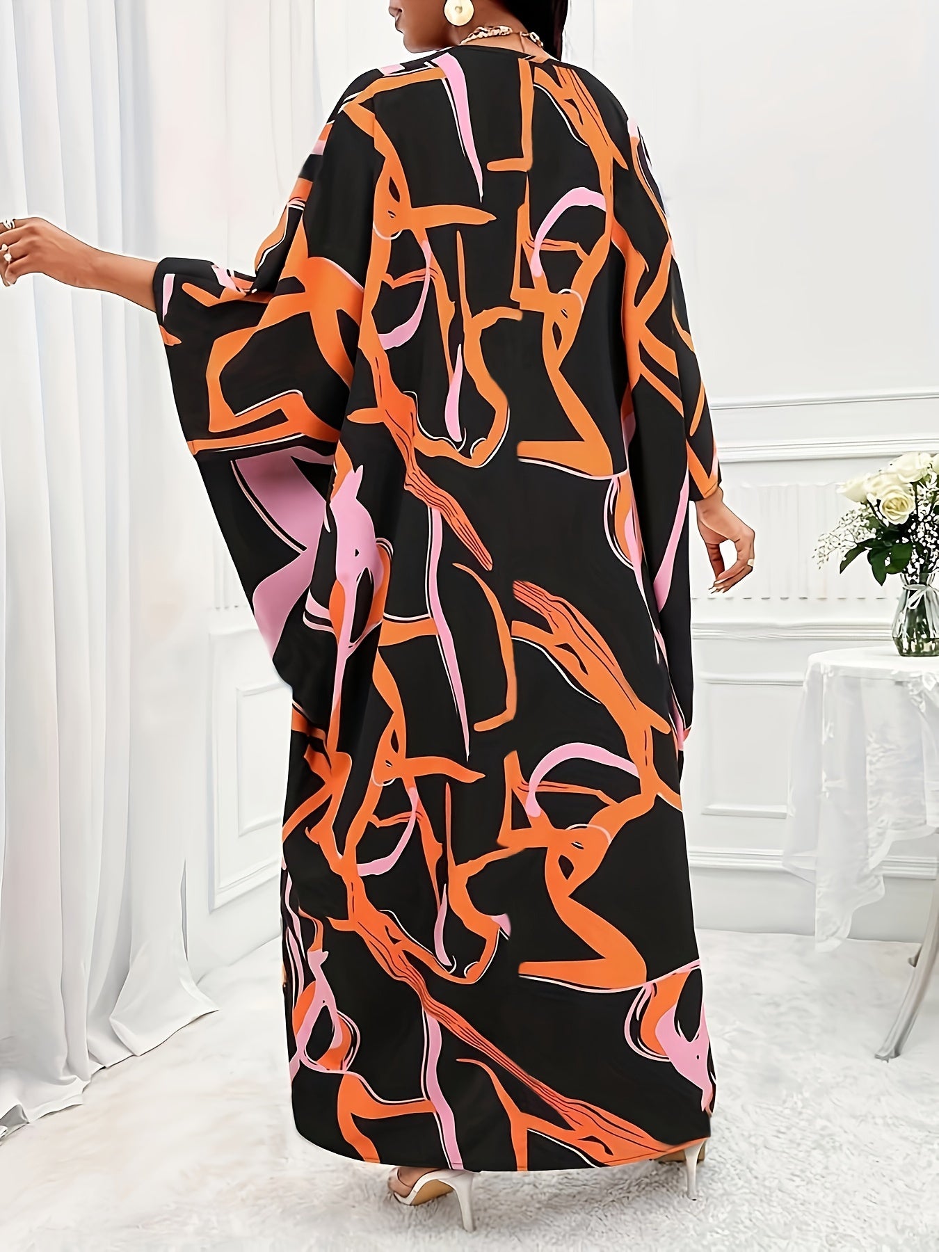 Two-Piece All Over Print Elegant Outfit - V Neck Batwing Sleeve Slit Top & High-Waisted Pants Set - Polyester, Non-Elastic, Woven, Random Print, Suitable for All Seasons