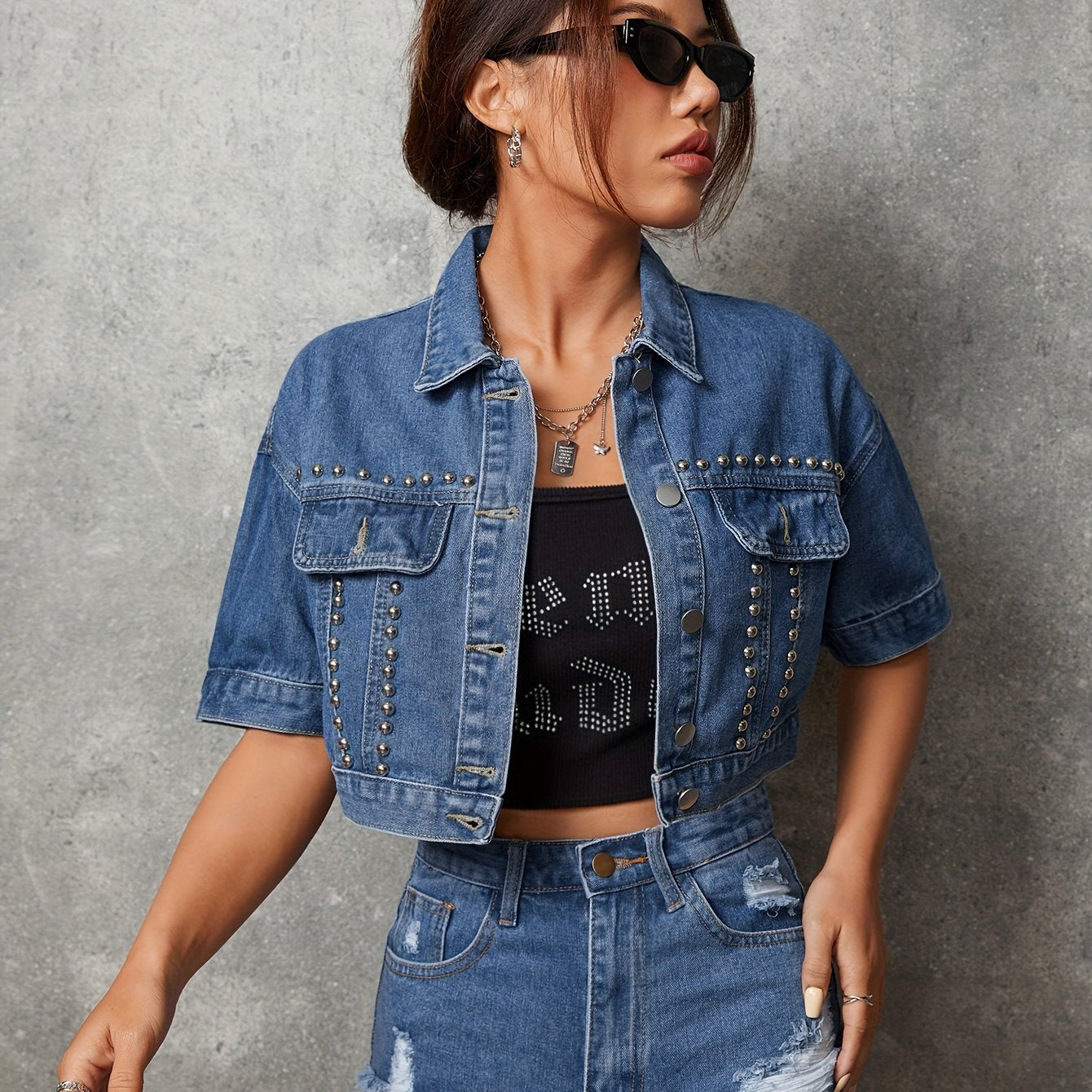 Stylish Denim Top - Sleek Short Sleeves, Eye-Catching Studded Accents, Classic Lapel Collar, Timeless Single-Breasted Design, Relaxed Fit for Everyday Wear - Womens Fashion, Part of Our Denim Collection