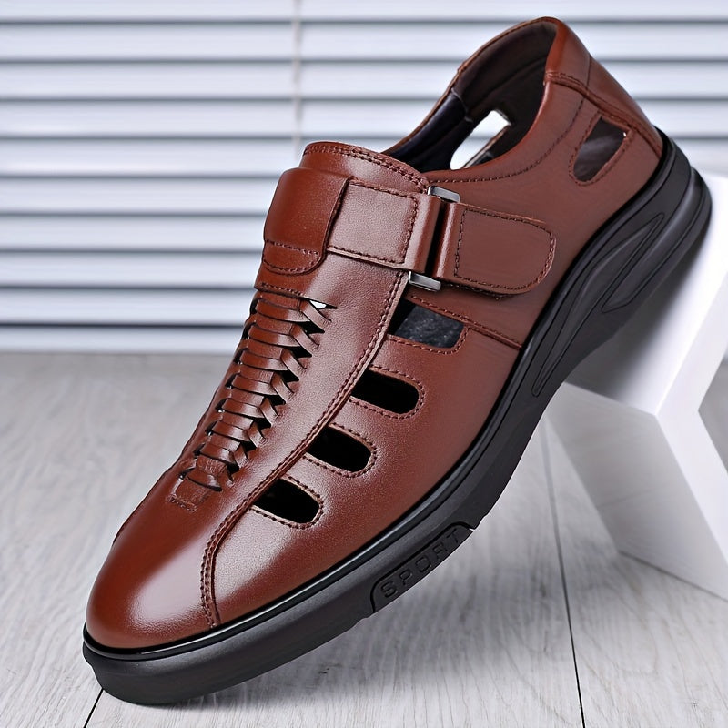 Mens Business Sandals - Timeless Solid Color Design, Classic Business Style, Hook & Loop Fastener, Ultra-Comfy, Slip-Resistant Rubber Sole, Durable - Ideal for Formal Events, Work, or Daily Wear