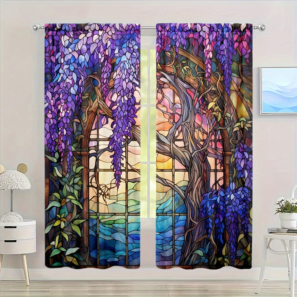2pcs Stained Glass Flower Wisteria Printed Curtain For Home Decor Rod Pocket Window Treatment For Bedroom, Office, Kitchen, Living Room, And Study