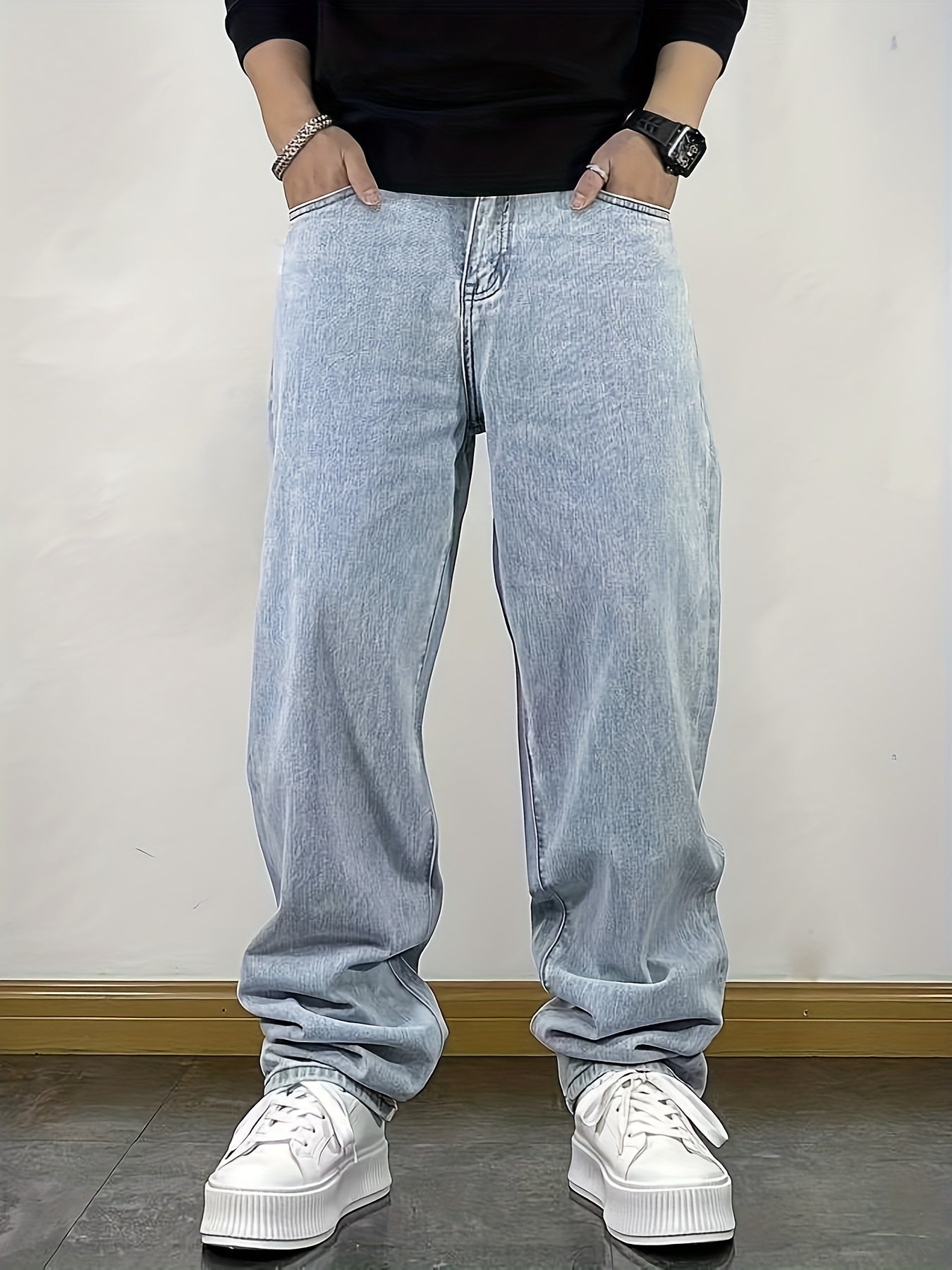 Men's Street Style Loose Fit Denim Jeans - Washed Solid Color Extra Long Straight Leg Trousers, Cotton 75%, Polyester 25%, Non-Stretch, All-Season Woven Fabric