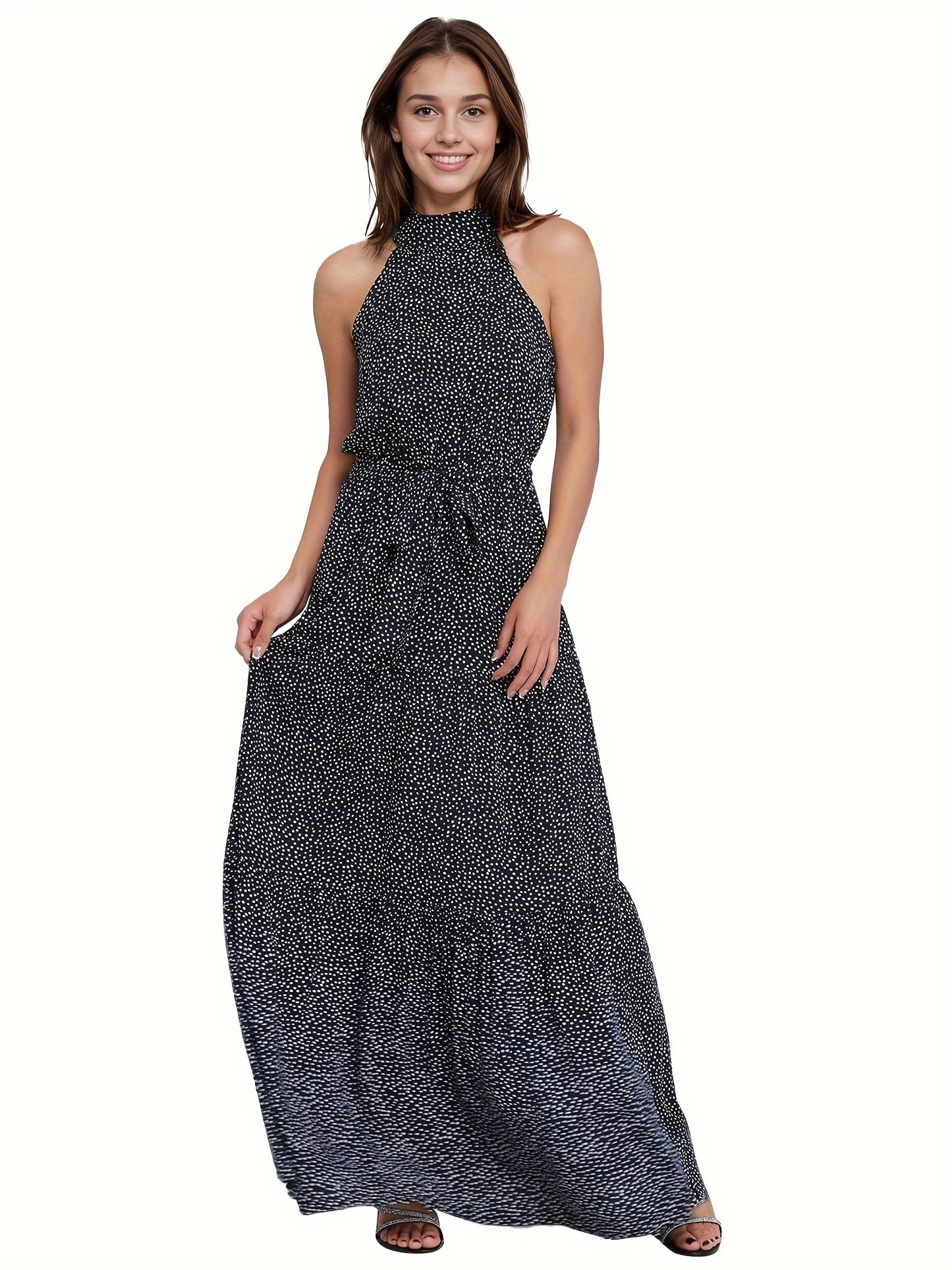 Polka Dot Halter Neck Maxi Dress, Elegant Sleeveless Belted Dress For Spring & Summer, Women's Clothing