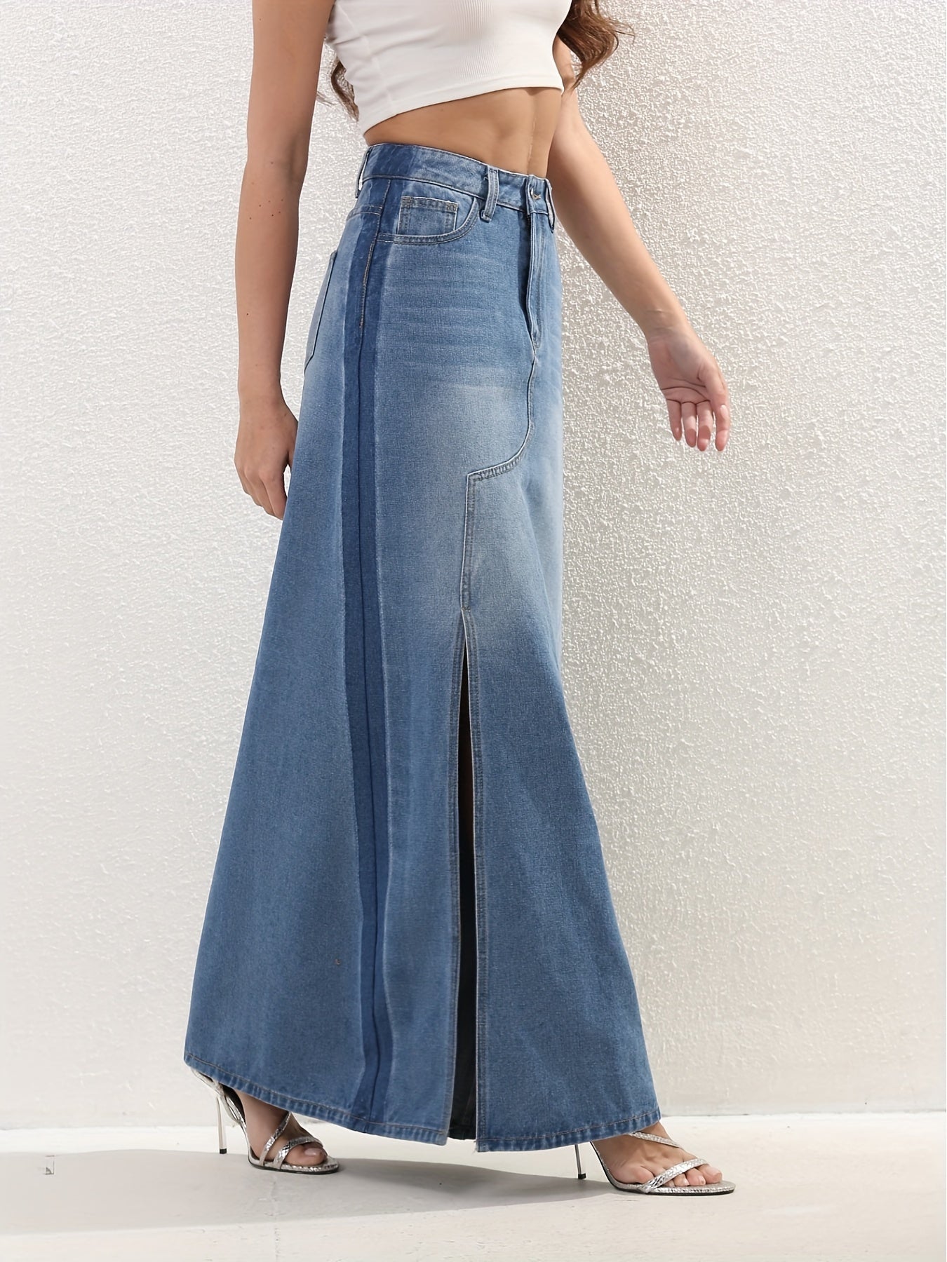 Elegant High Waist Ombre Denim Maxi Skirt with Slit | Versatile & Easy-Care - Perfect for Spring to Fall