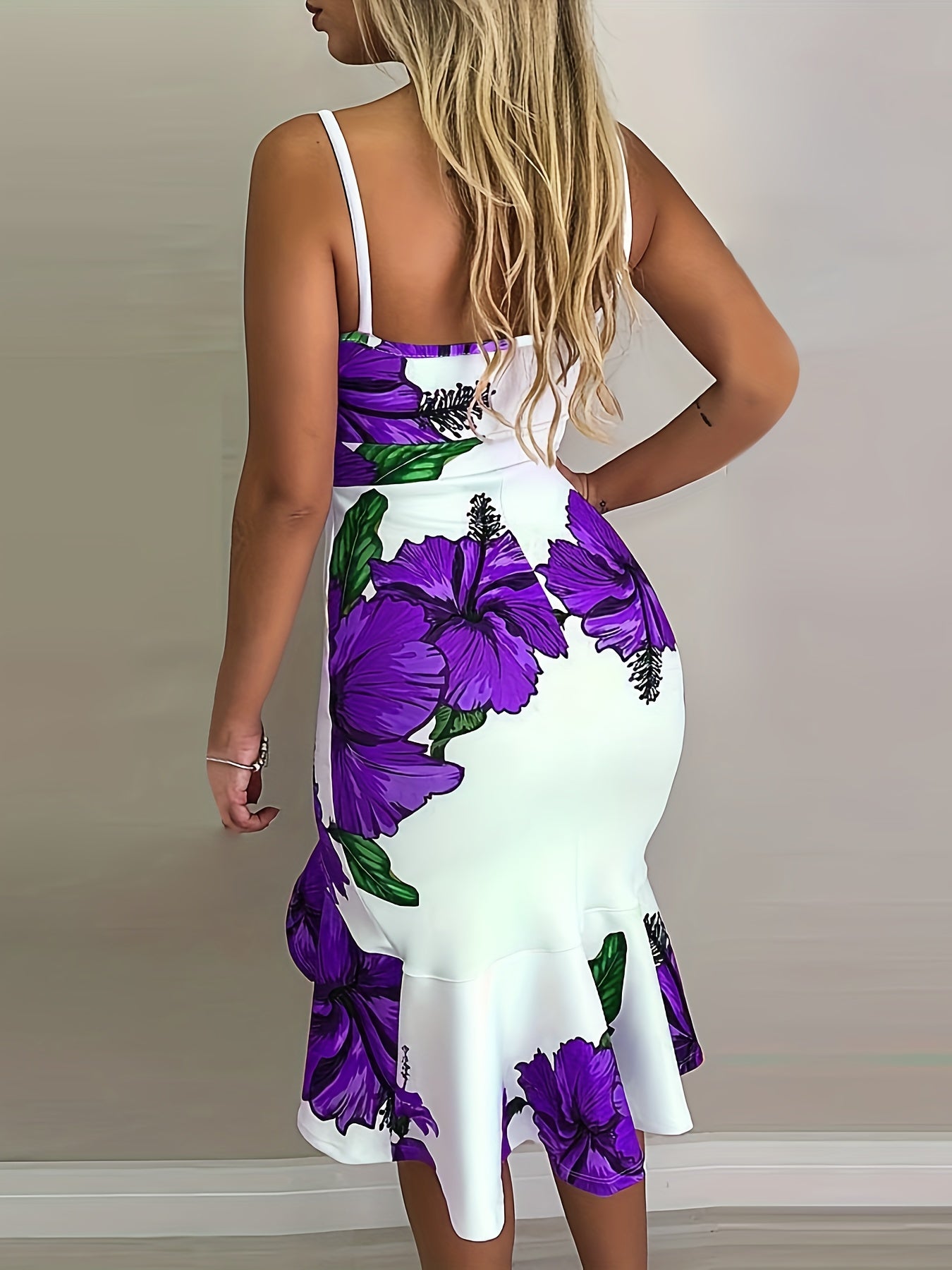 Spring/Summer Chic Floral Bodycon Dress - Sexy V Neck with Asymmetrical Ruffle Hem, Durable Stretch Knit Fabric & Spaghetti Straps
