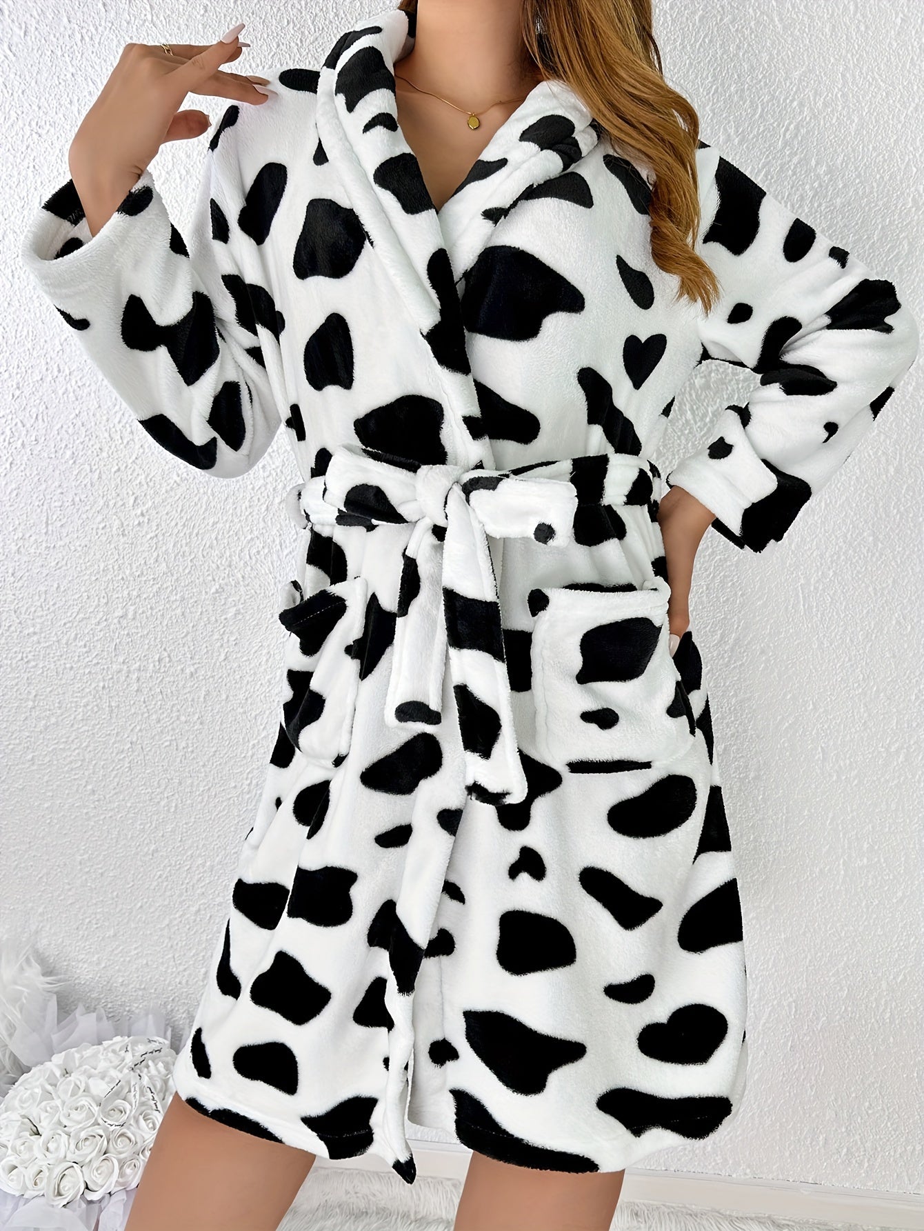 Cozy Cow Spot Print Robe for Women – Casual Sleepwear, Long Sleeve, Belt & Pockets, Machine Washable