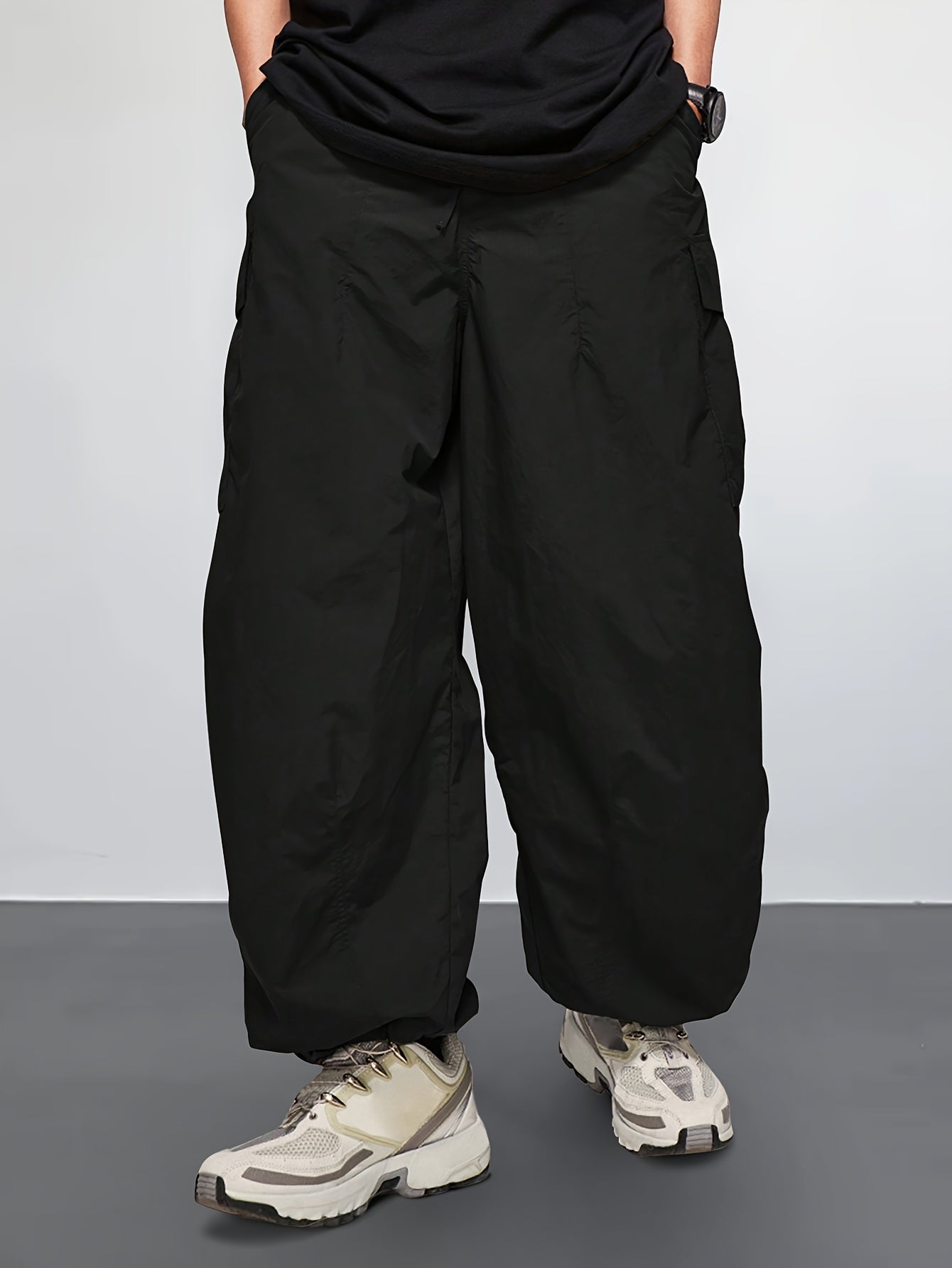 Rugged yet Stylish Mens Cargo Pants - Loose Fit, Solid Color with Flap Pockets & Adjustable Drawstring Hem - Ideal for Outdoor Adventures, Casual Wear & Street Style