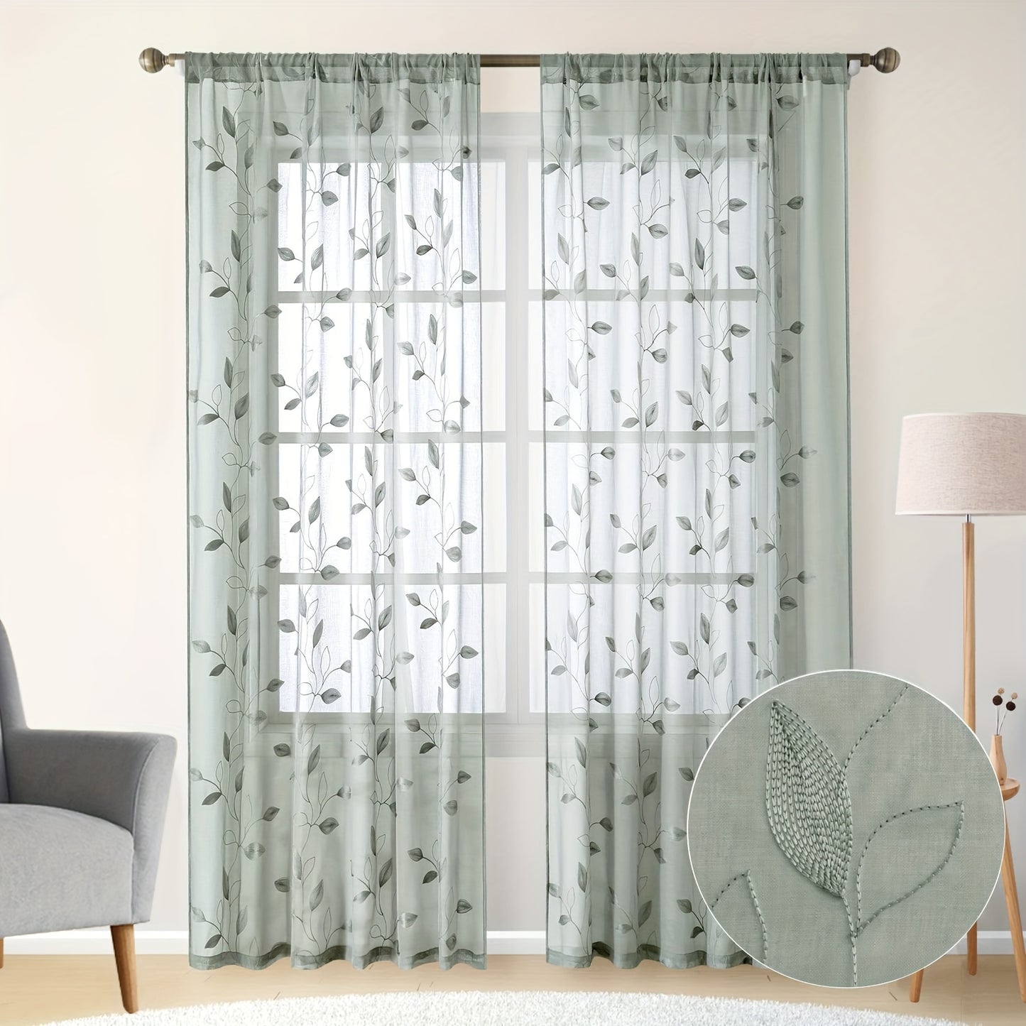 2pcs Sheer Curtains With Embroidery Leaf Pattern, Rod Pocket Faux Linen Floral Semi Curtains Voile Window Curtains Kitchen Curtains, Drapes for Bedroom Living Room
