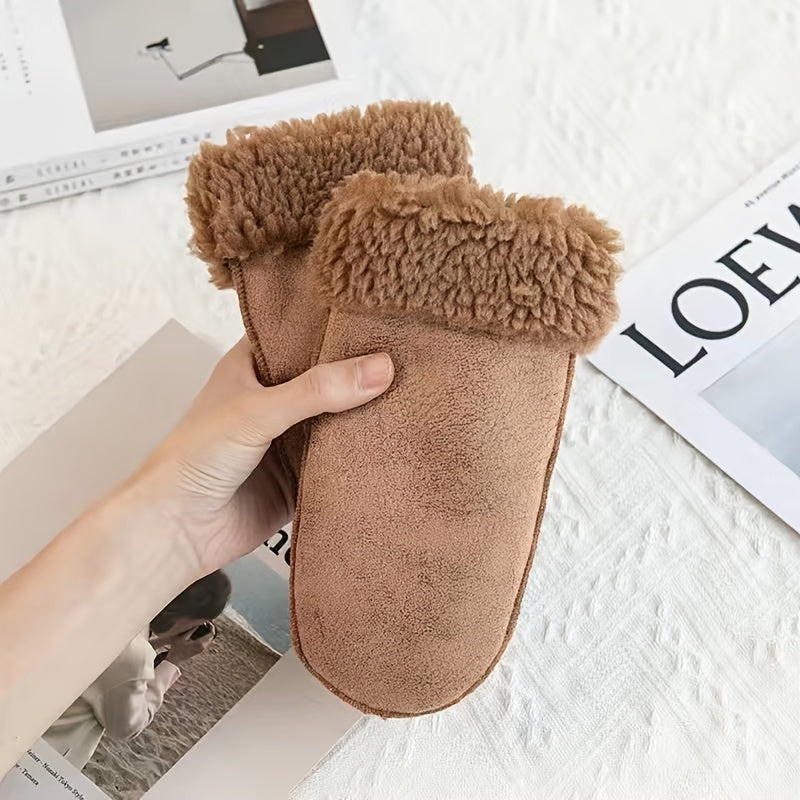 Casual Solid Color Mittens Plush Cuff Thickened Warm Gloves Winter Coldproof Riding Gloves