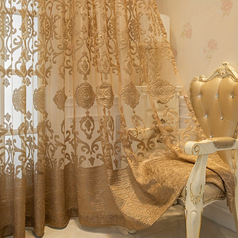 1pc Luxurious Golden Jacquard Window Screen Curtain - Elegant Home Decor for Living Room, Bedroom, Balcony with Sunlight Filtering, Dust Blocking, and Privacy Protection - Easy to Install and Maintain