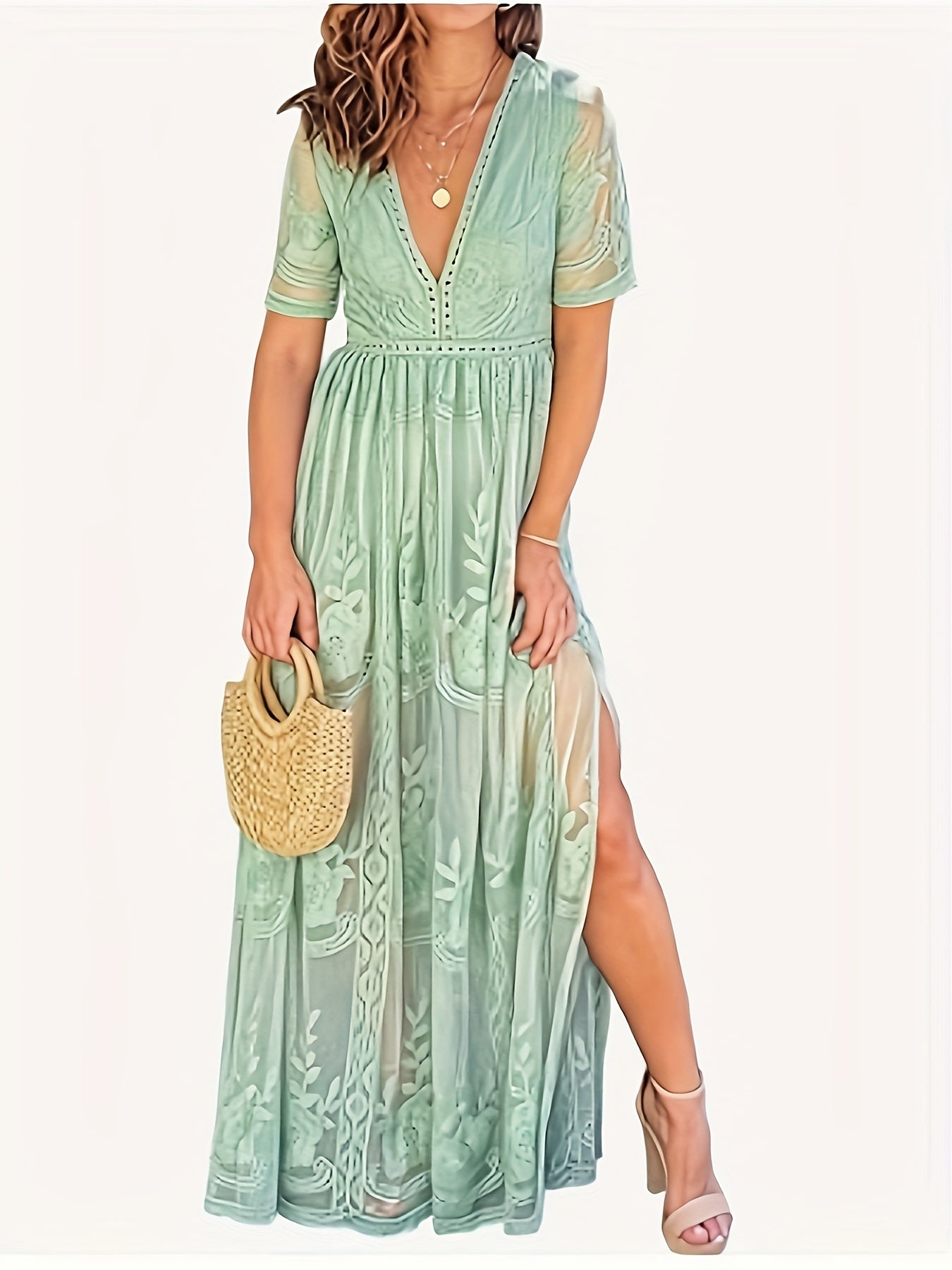 Romantic Lace Plunge Neck A-line Dress - Flirty Short Sleeves, Adjustable Split Hem for Spring & Summer Vacations - Womens Chic Casual Wear