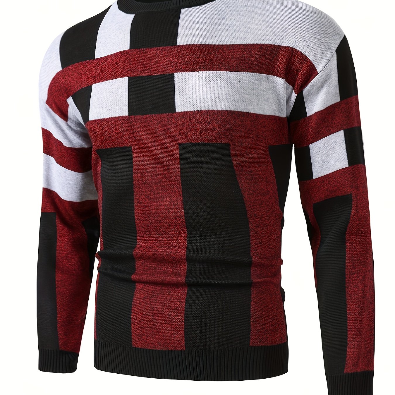 Mens Stylish Color Block Round Neck Stretch Sweater - Soft, Warm, and Trendy Pullover for Winter Outdoor Activities - Perfect for Casual Wear
