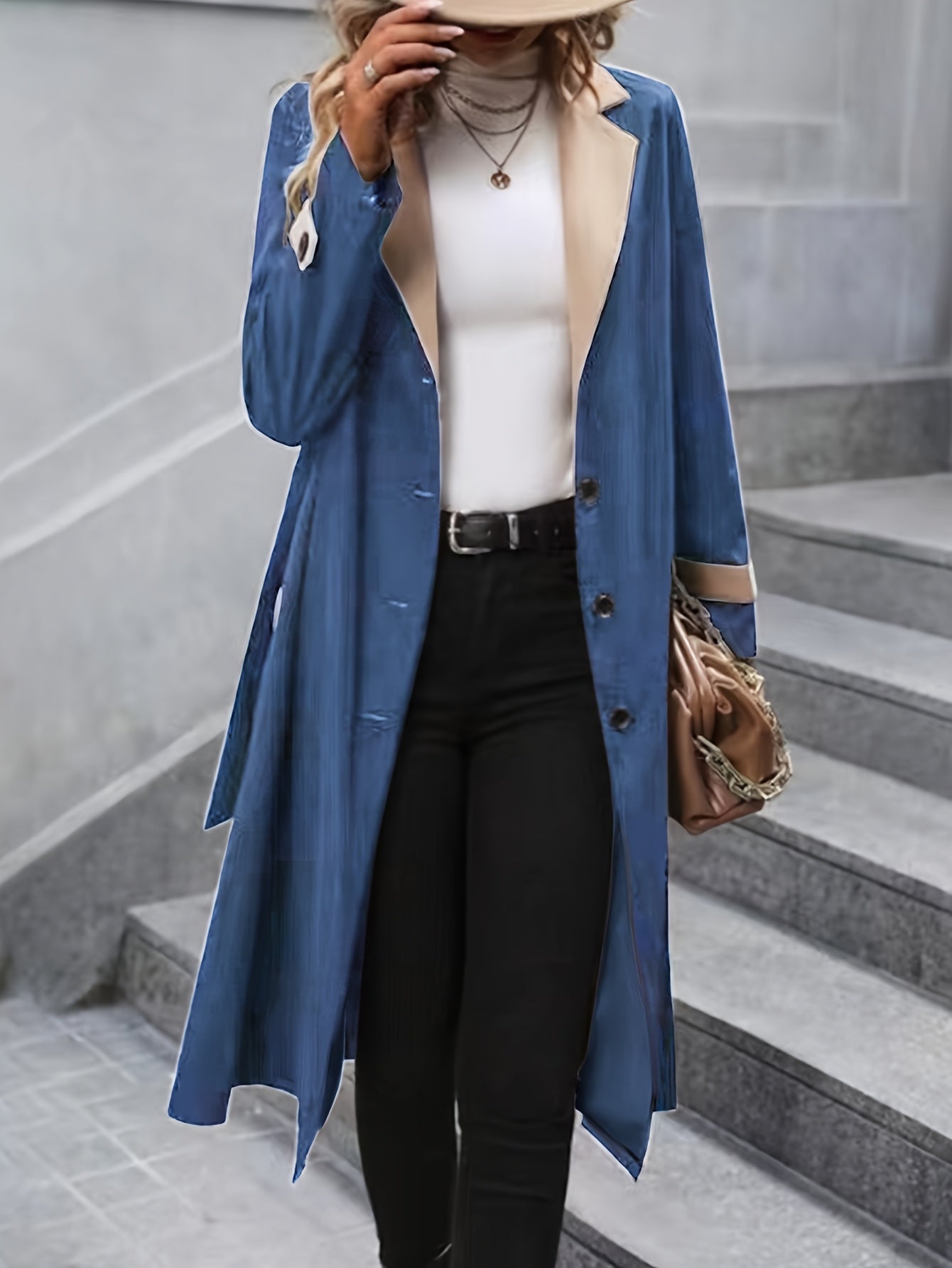 Elegant Women's Single Breasted Mid-Length Trench Coat - Classic Belted Lapel Neck Long Sleeve Open Front Outerwear for Chic Style - Water-Resistant, Windproof, and Versatile Clothing for Daily Life