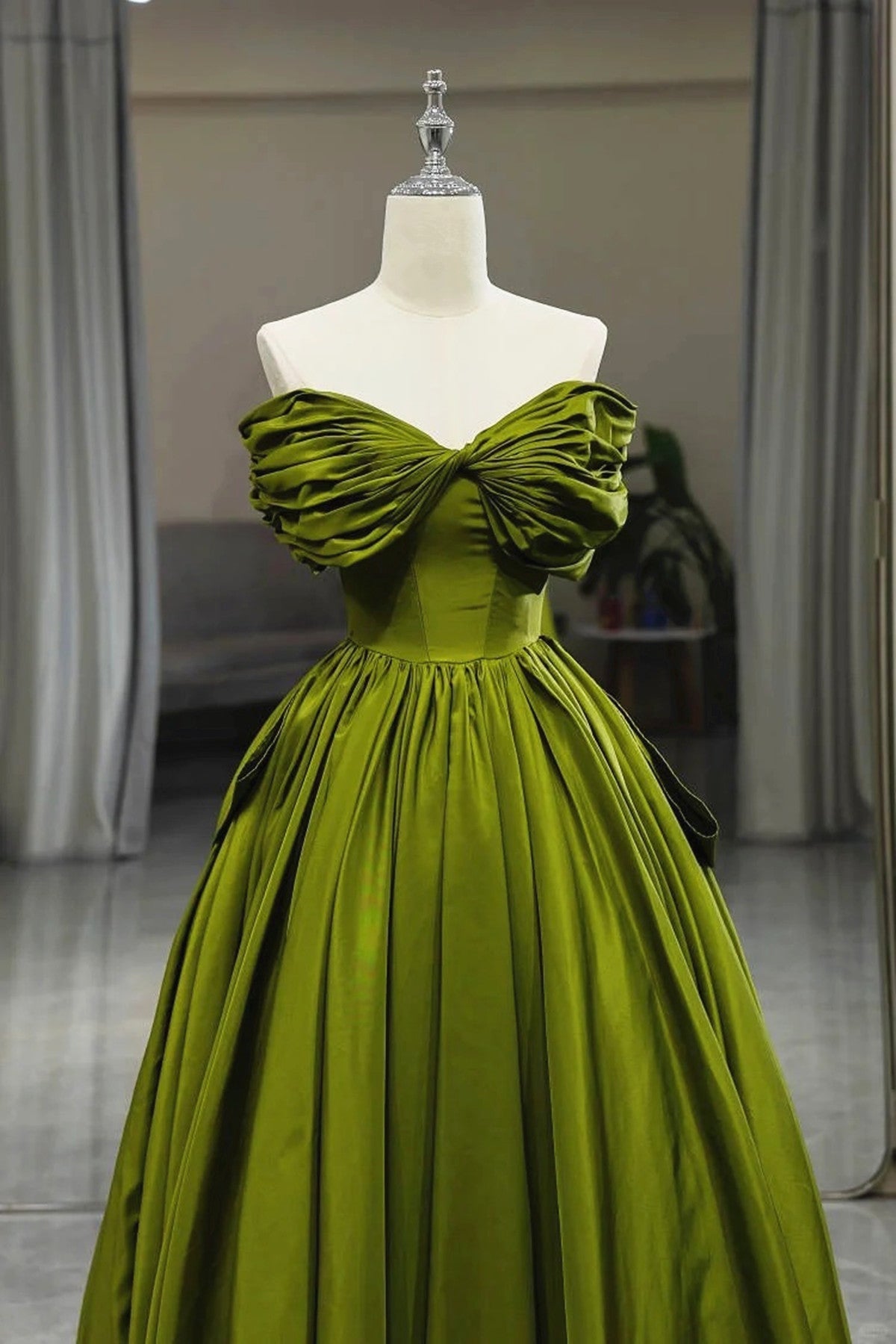 LOVECCRGreen A-line Off Shoulder Satin Long Party Dress, Green Satin Formal Dress Prom Dress