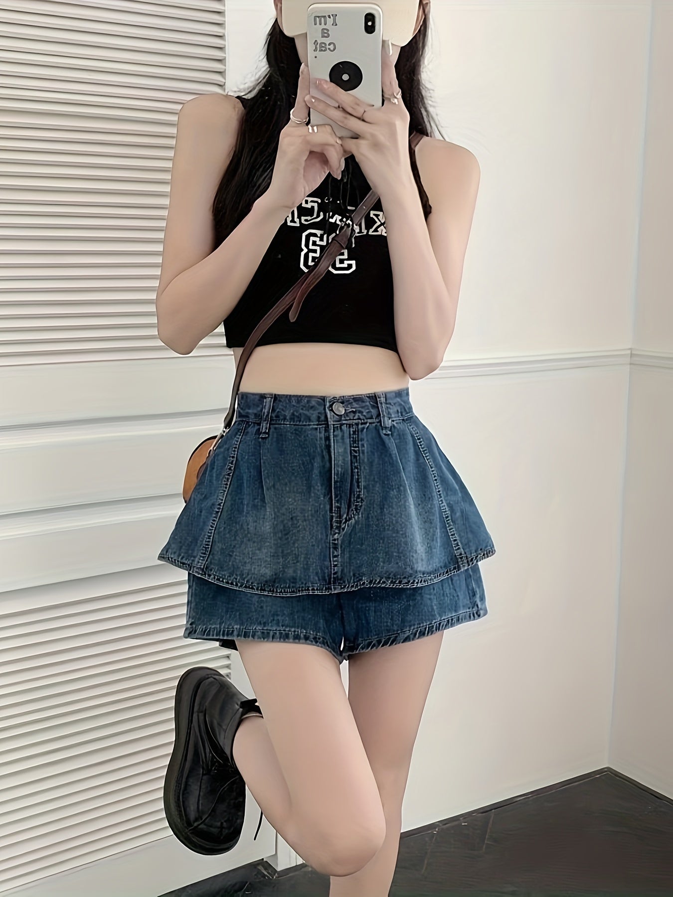 Vintage High Waist Flared Denim Skirted Shorts - Button Front, Slight Stretch, Brief Length, Solid Color, Machine Washable - Perfect for Spring, Summer, and Fall Seasons