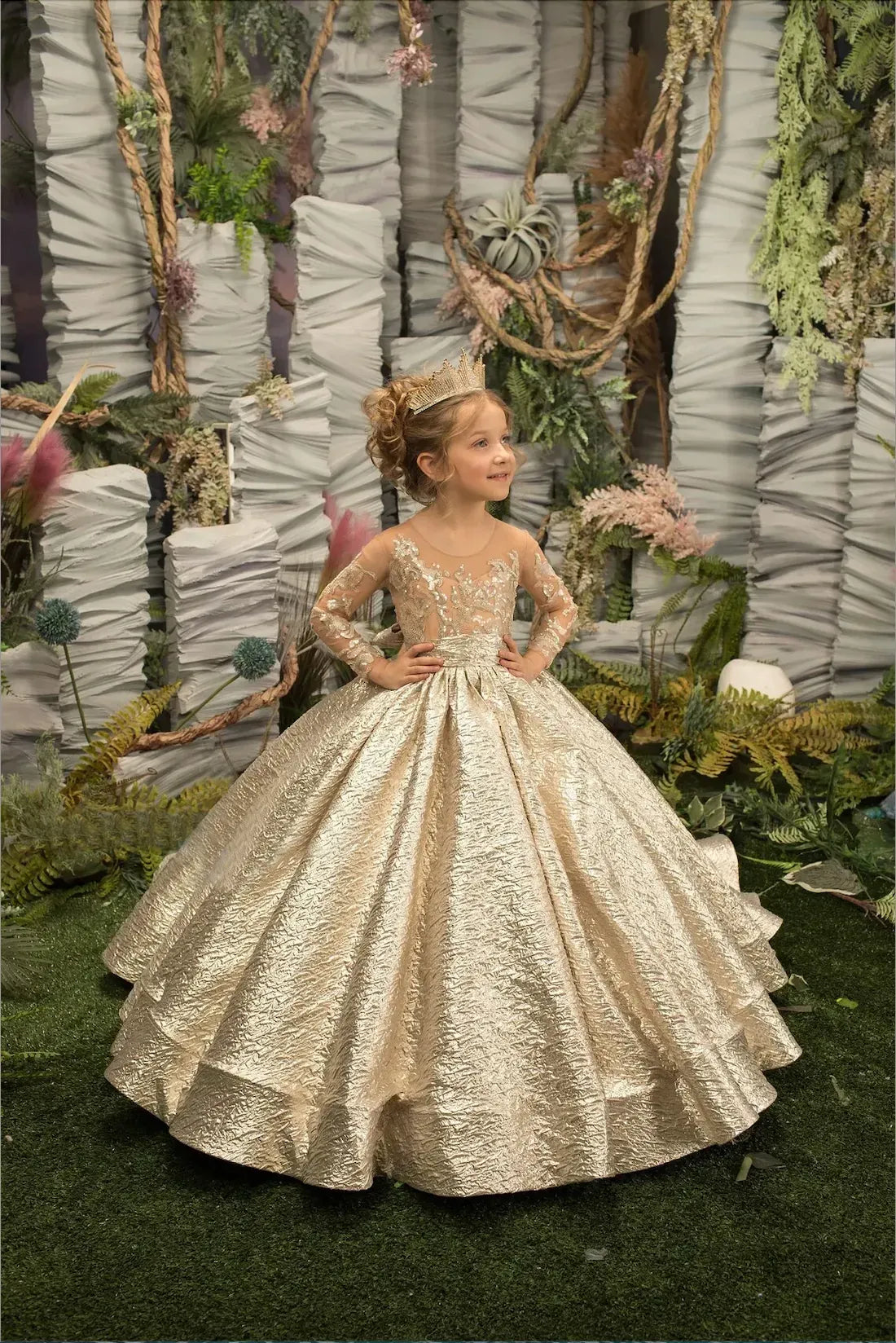 Gold Flower Girl Dress Princess Illusion Sleeve with Bow Buttons Luscious Skirt Birthday Wedding Party Kids Bridesmaid