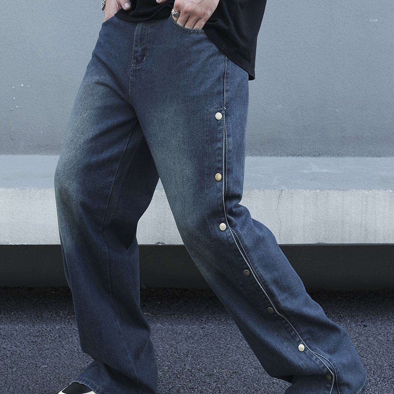 Men's Comfy Loose Fit Wide Leg Jeans - Stylish Fancy Button Detail, Soft Denim, Breathable, Street Style Fashion, Perfect for Casual Daily Wear
