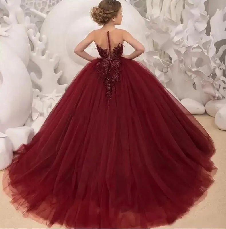 Burgundy Flower Girl Dresses First Holy Communion Dresses For Girls Ball Gown Wedding Party Dress Kids Evening Prom Dress BC12806 C0608G01