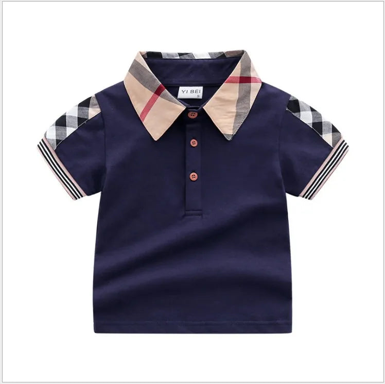 Baby Boys Turn-Down Collar T-shirts Summer Kids Short Sleeve Plaid T-shirt Gentleman Style Children Cotton Casual Tops Tees Boy Shirts Child Clothes