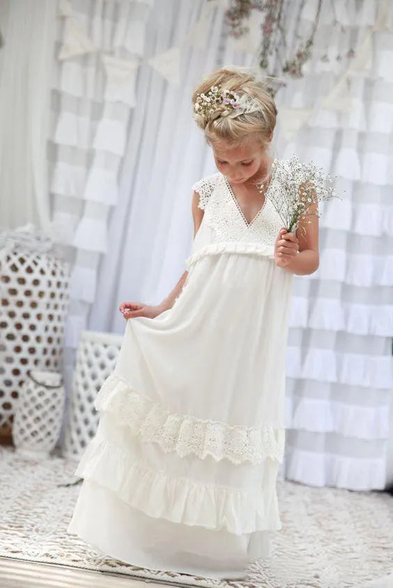 Romantic New Arrival Boho Flower Girl Dresses for Wedding Cheap V Neck Chiffon Lace Tiered Formal Kids Wedding Dress Custom Made