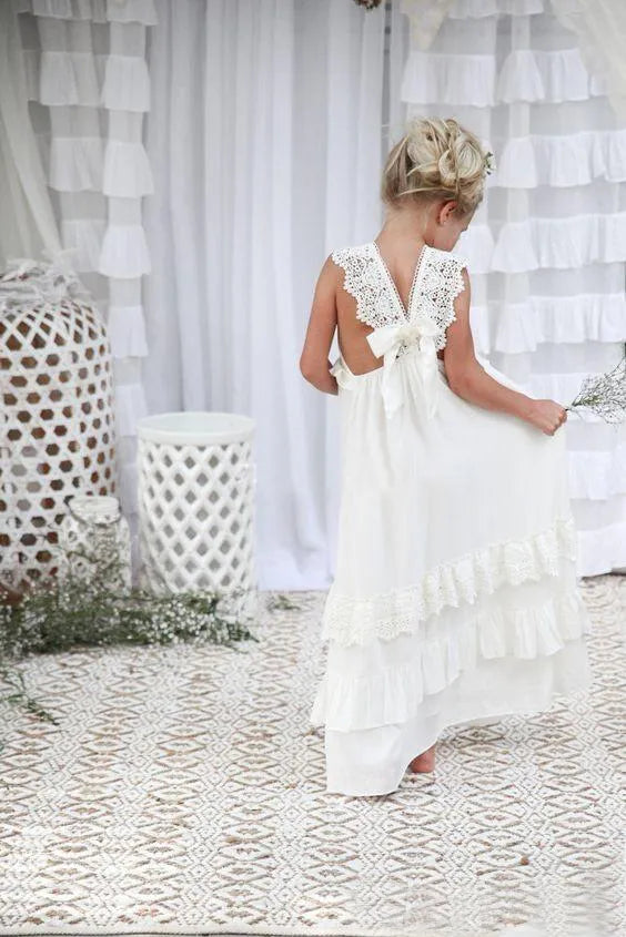 Romantic New Arrival Boho Flower Girl Dresses for Wedding Cheap V Neck Chiffon Lace Tiered Formal Kids Wedding Dress Custom Made