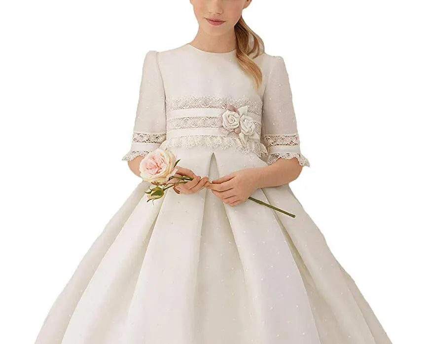 Princess Half Sleeve Lace Girls Pageant Dress Girl First Communion Dress Kids Formal Wear Flower Girls Dresses for Wedding