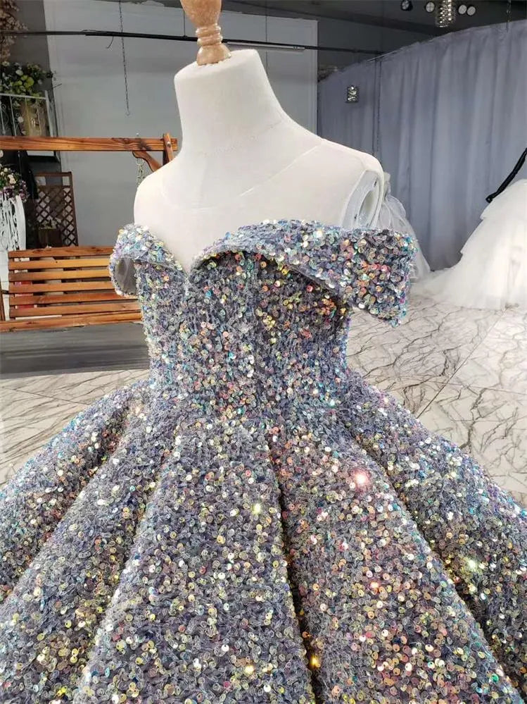 Luxury Silver Bling Sequin Girls Pageant Dresses Fluffy Off the Shoulder Ruched Flower Girl Dresses Ball Gowns Party Dresses for Girls