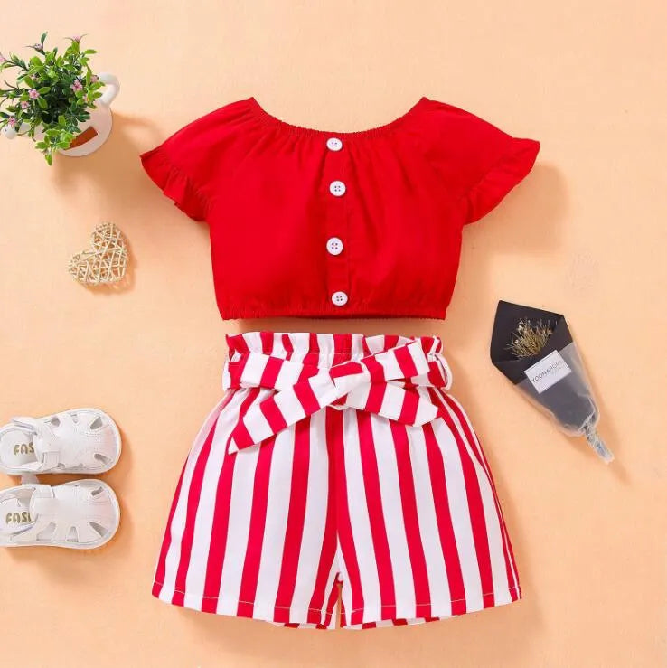 baby clothing girl Kids 2 PCS sets 100% Cotton O-neck Shirt + Stripped short Summer Child Two Piece set clothes
