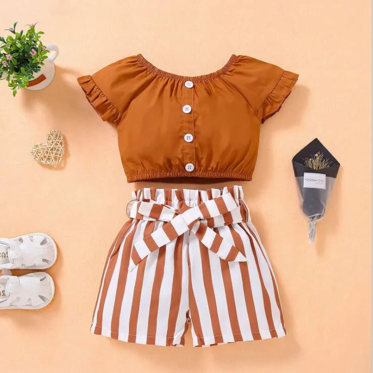 baby clothing girl Kids 2 PCS sets 100% Cotton O-neck Shirt + Stripped short Summer Child Two Piece set clothes