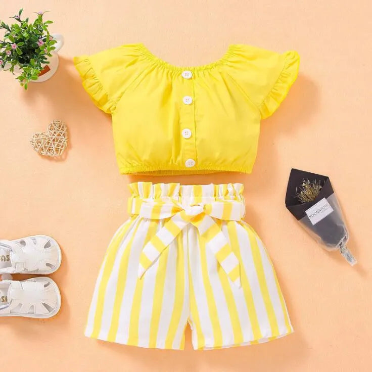 baby clothing girl Kids 2 PCS sets 100% Cotton O-neck Shirt + Stripped short Summer Child Two Piece set clothes