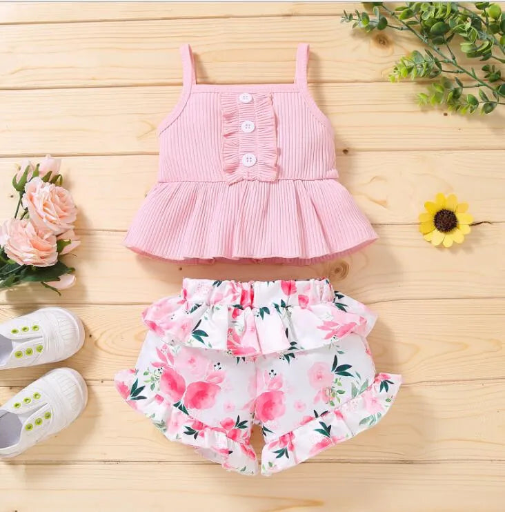 baby clothing girl Kids 2 PCS sets 100% Cotton O-neck Shirt + Stripped short Summer Child Two Piece set clothes
