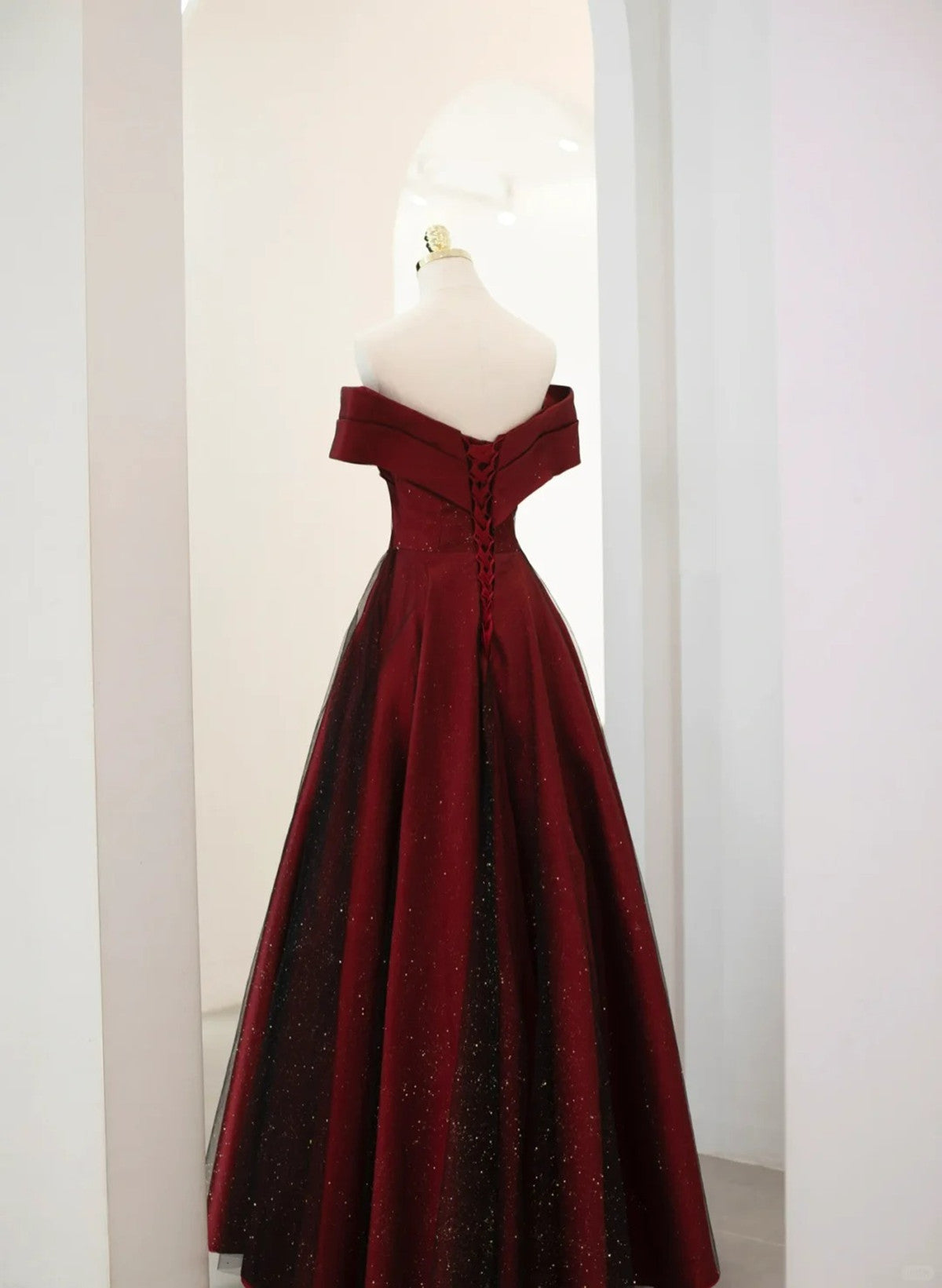 LOVECCRA-line Off Shoulder Wine Red Tulle Long Party Dress, Wine Red and Black Prom Dress