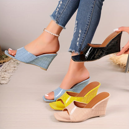Chic Square Toe Wedge Sandals - Seamless Slip-On High Heels in Solid Colors - Trendy Fashion Slides for Evening Out