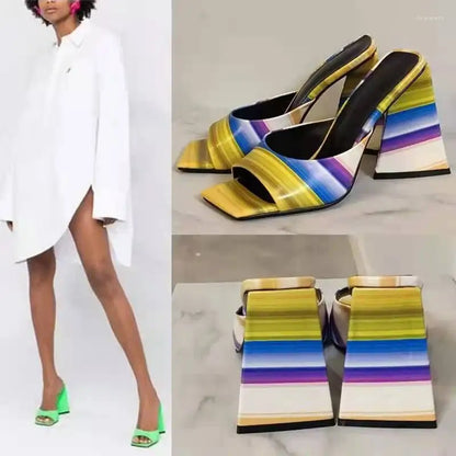 Slippers Women Pumps Heels Platform Slides Large Size Patent Leather Sandals Mules Shoes Summer