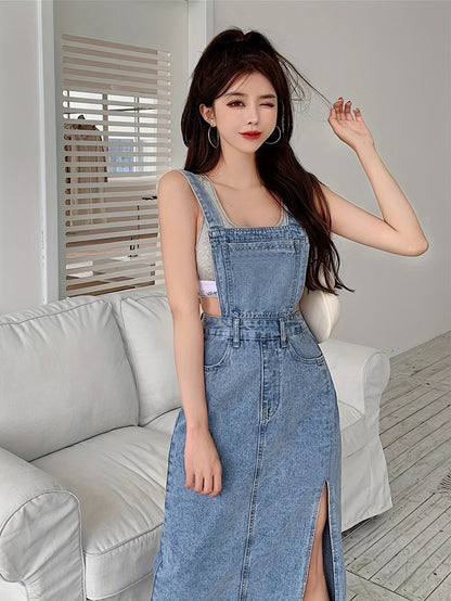Womens Vintage Distressed Denim Overall Dress - Flattering Frayed Hem, Side Slit & Adjustable Suspender Straps - Fashion-Forward Streetwear Style for the Stylish Woman - Casual Chic, All Seasons Wear