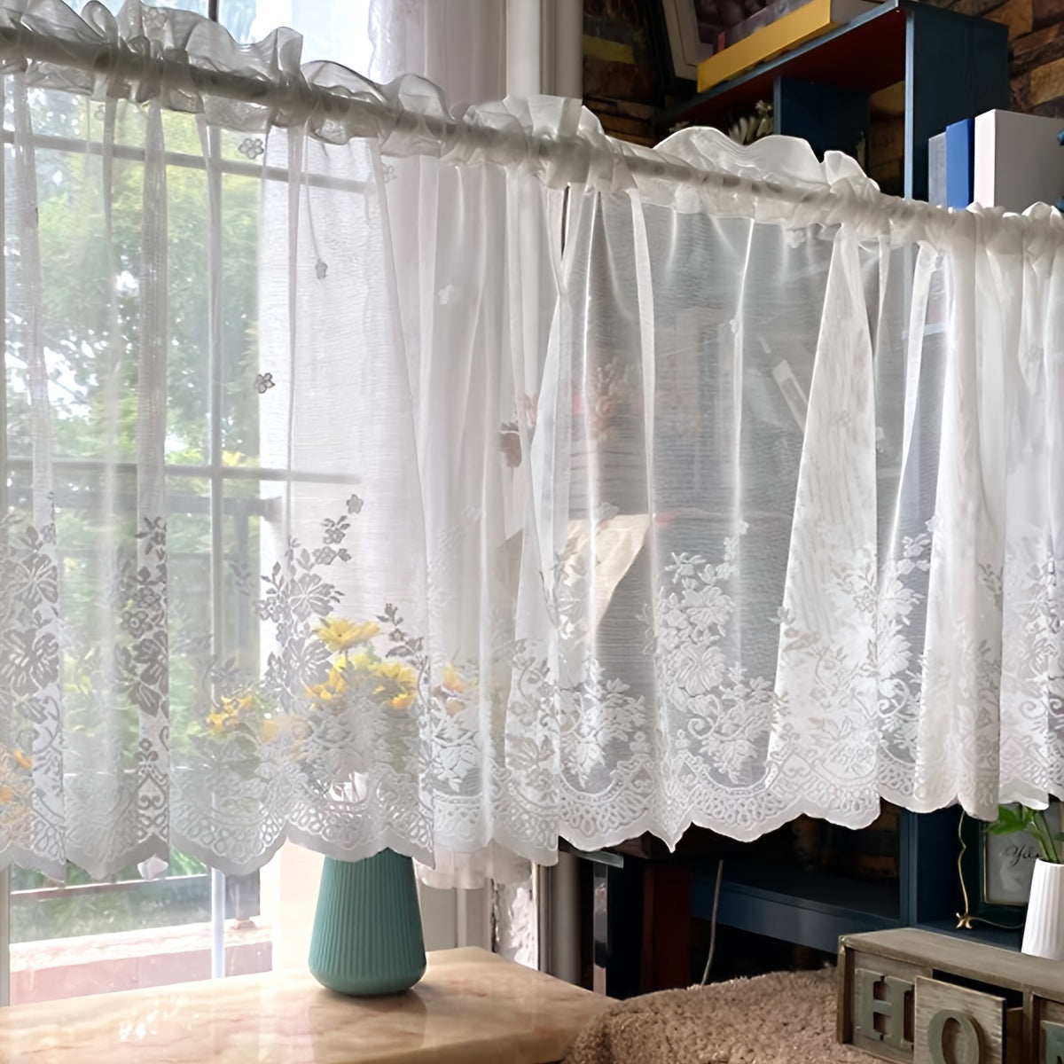 1pc Lace Small Curtain Flower Cafe Curtain, Simple And Sweet Small Window Curtain, Rod Pocket White Window Curtain Suitable For Kitchen And Dining Room, Window And Door Decoration, Cabinet Curtain Home Decor