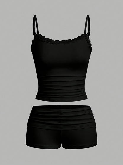 Solid Color Casual Shorts Set, Lace Trim Spaghetti Strap Cami Top & Skinny Shorts Outfits, Women's Clothing