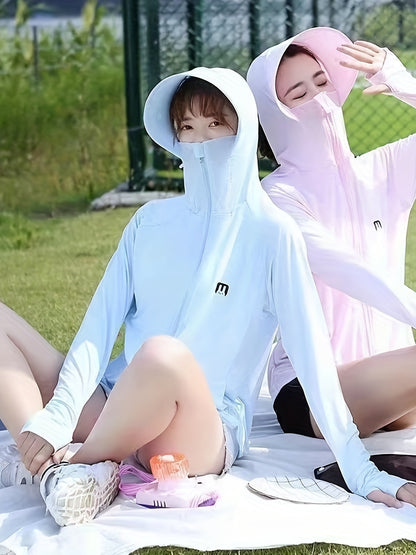 Stylish Bunny Rabbit Long Sleeve Face Cover Jacket - Women's Rash Guard with UV Protection, Outdoor Shawl Hoodie Shirt for Beach and Water Activities