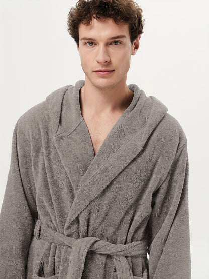 Ultra-Soft Terry Cloth Bath Robe - Men's Cotton Hooded Long Sleeves Knee Length Housecoat - Plush, Fluffy, and Absorbent for Ultimate Relaxation