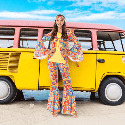 Vibrant Abstract Print Hippie Chic Two-Piece Set - Tie Front Flared Sleeve Tops with Relaxed Fit & Flared Leg Long Length Pants Outfits - Unique Bohemian Women's Clothing for Summer, Casual, and Festival Occasions