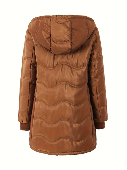 Winter Warmth Quilted Down Jacket - Cotton-Padded Jacket Coat with Full Zip, Long Sleeve, Hooded, Dual Pockets, Solid Color, Casual Style for Women - Perfect for Cold Weather