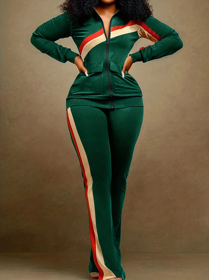 Spring/Fall Chic Stripe Set: Easy-Care Zip Jacket & Relaxed Wide-Leg Pants, Casual Retro Style