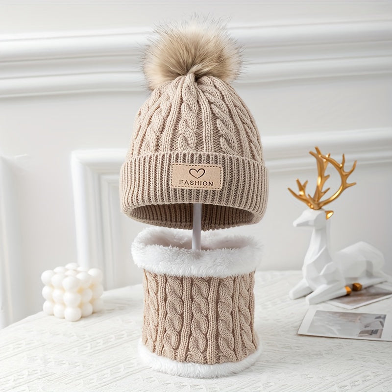 2pcs Warm Pom Pom Knitted Hat And Scarf Set For Boys And Girls