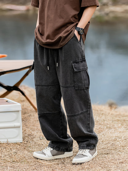 Multi-Pocket Loose Fit Denim Cargo Pants - Soft Cotton Blend, Drawstring Waist, Relaxed Style for Spring and Fall Outdoor Activities, Casual Everyday Wear