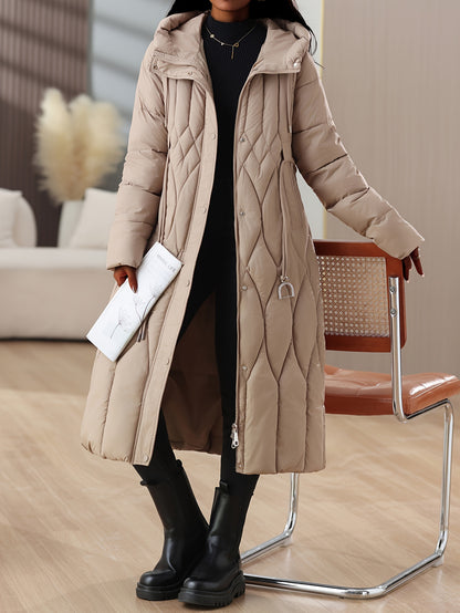 Chic Winter Hooded Coat for Women - Slim Fit, Thick Padded with Belt Detail, Long Sleeve, Machine Washable