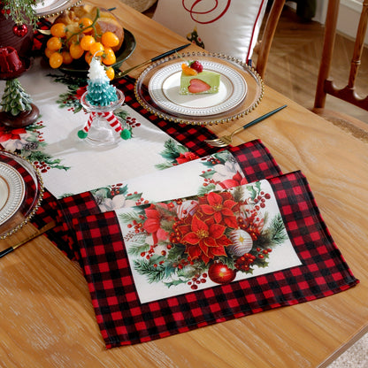 1pc Polyester Christmas Table Runner, Festive Poinsettia & Candle Print, Black & Red Plaid Border, Holiday Table Decor for Home, Family Gatherings, Outdoor Picnics, Kitchen Accessories, Garden Camping, Birthday, Vacation, Wedding Party