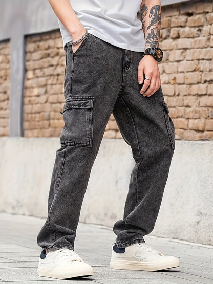 Men's Casual Loose-Fit Jeans - Cotton Blend, Non-Stretch Denim with Pockets, Machine Washable - Perfect for All Seasons