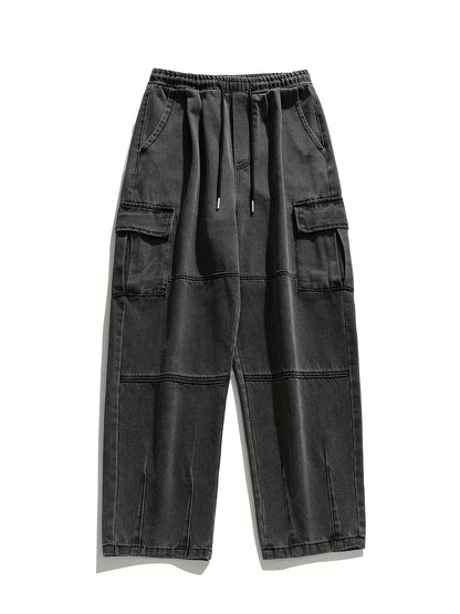 Multi-Pocket Loose Fit Denim Cargo Pants - Soft Cotton Blend, Drawstring Waist, Relaxed Style for Spring and Fall Outdoor Activities, Casual Everyday Wear