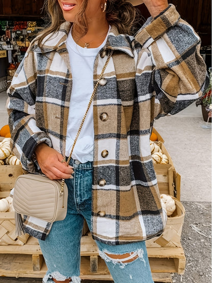 Plaid Shacket with Lapel Collar - Soft Slight Stretch Tweed Fabric, Loose Fit, Micro Elasticity, Random Printing, Perfect for Fall & Winter - Womens Casual Long Sleeve Bomber Jacket